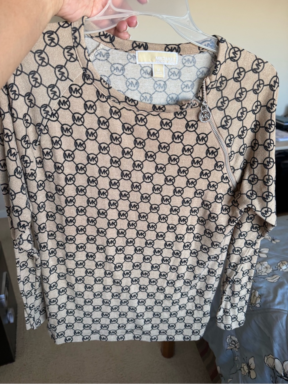 Michael Kors Tan & Black MK Logo Long Sleeve Zip-Accent Top